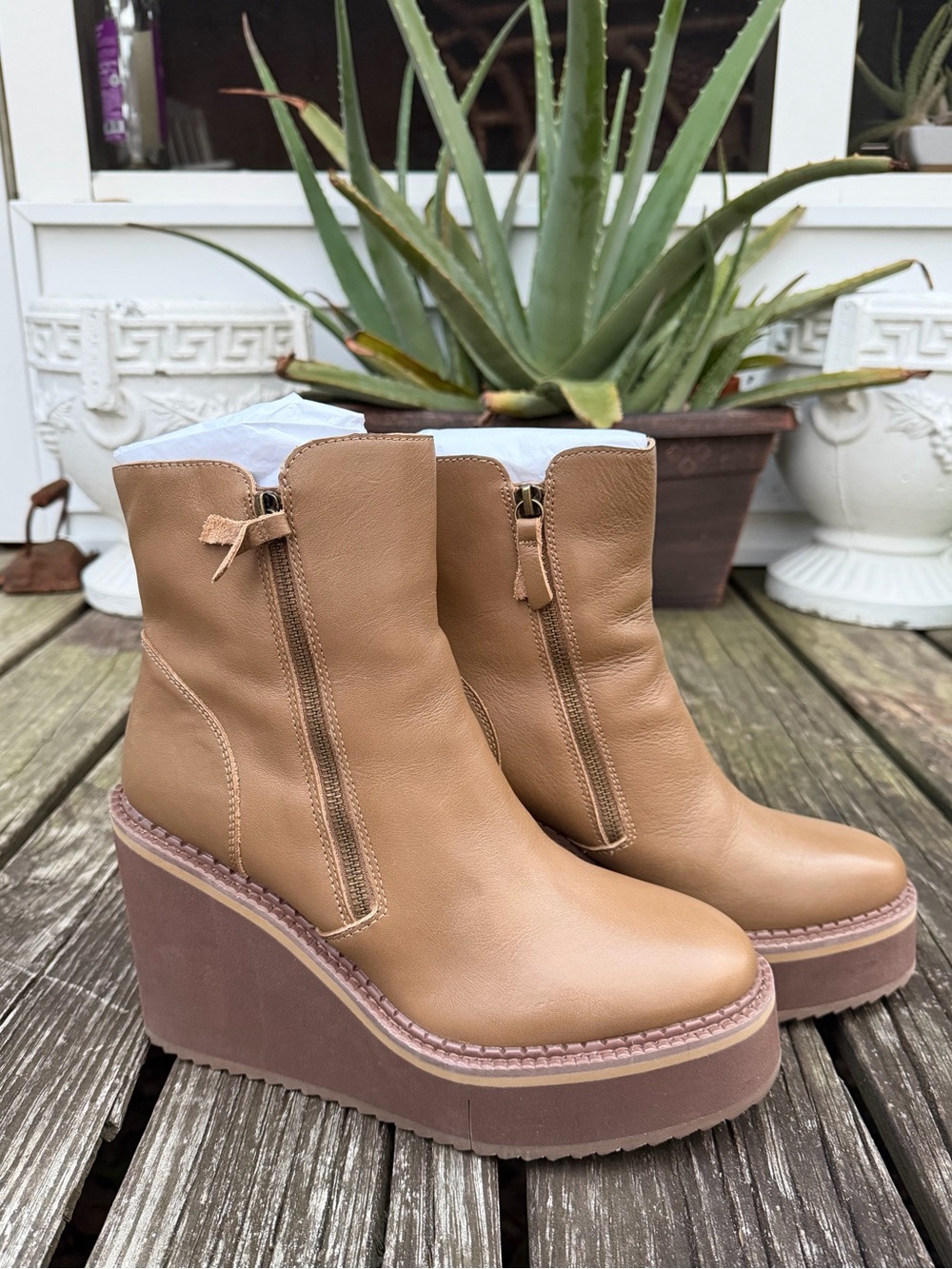 Naked Feet Avail Tan Wedge Ankle Booties with Side Zipper